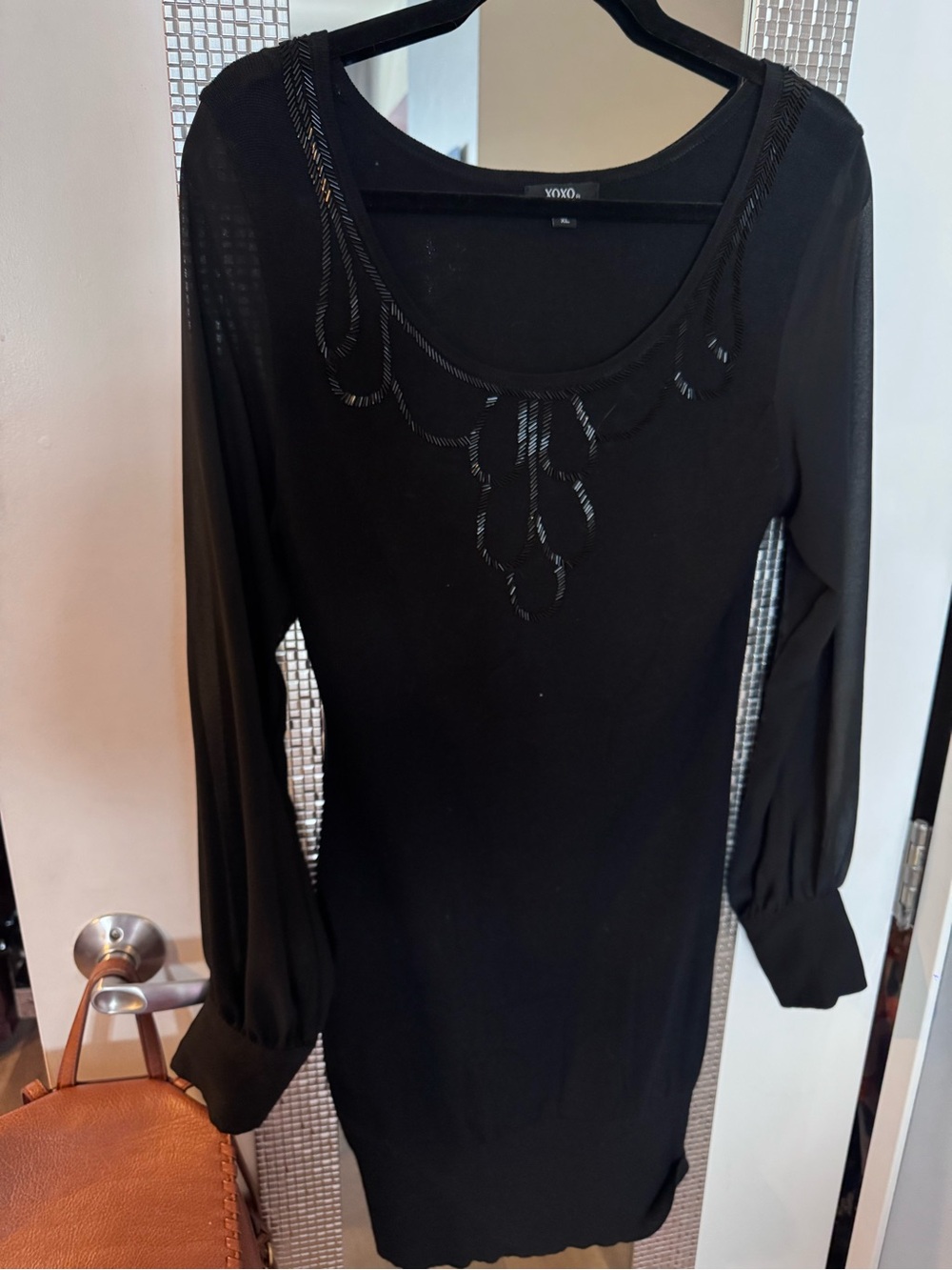 XOXO Black Long Sleeve Scoop Neck Dress with Beaded Accents